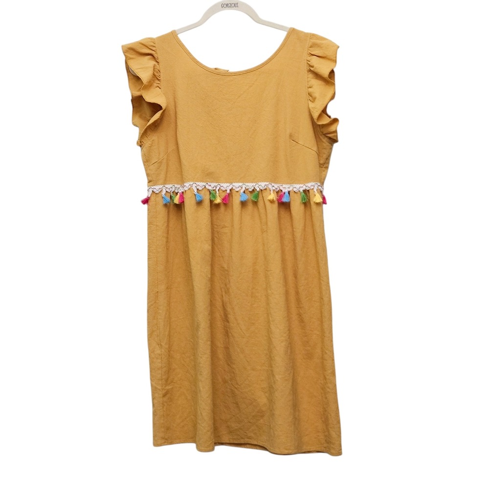 Tassel Trim Dress Womens M Mustard Yellow Ruffle Sleeve Boho Festival Indie